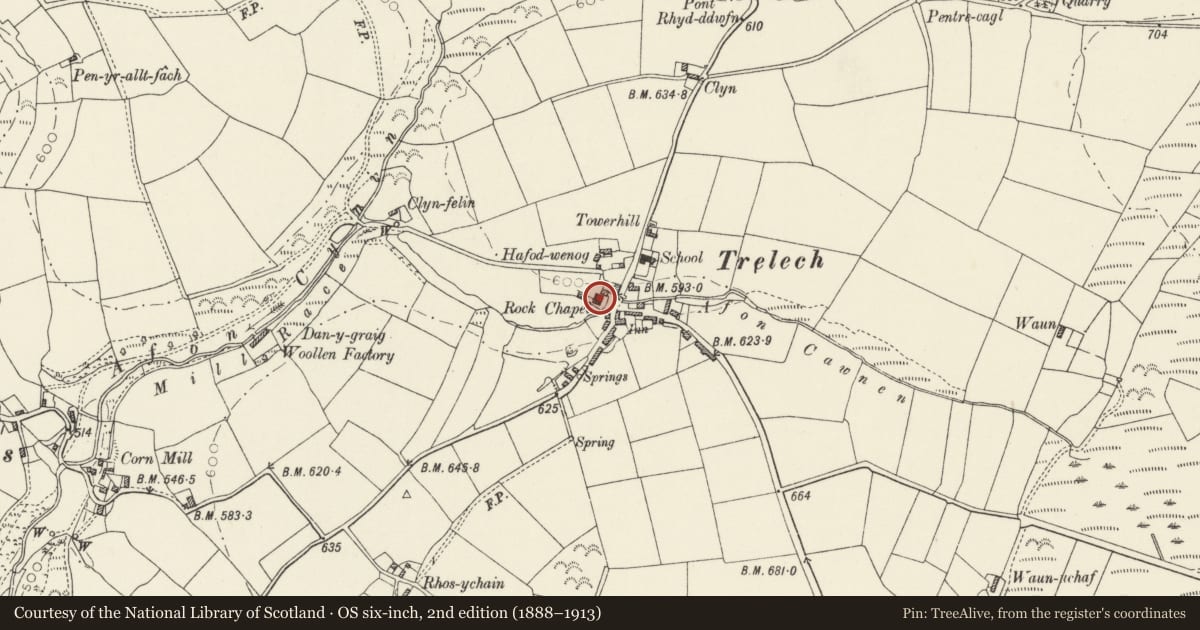 Ordnance Survey six-inch map, 2nd edition (1888–1913) covering the location of Capel Y Graig including attached schoolroom and forecourt railings, Trelech, Carmarthenshire, with a pin at the register's coordinates