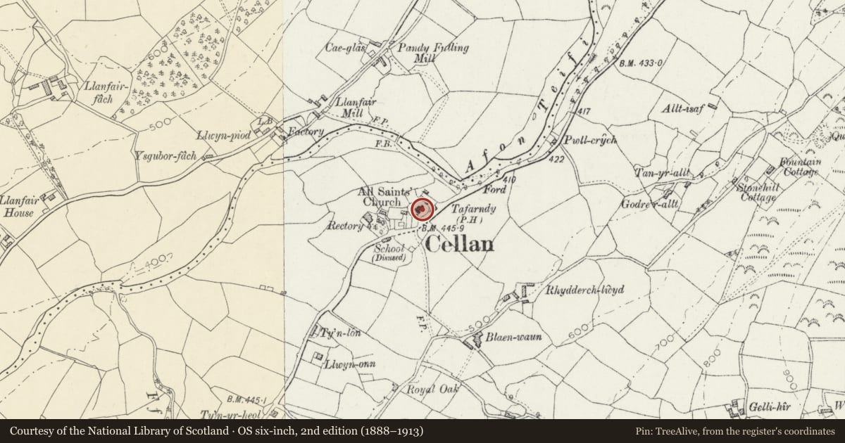 Ordnance Survey six-inch map, 2nd edition (1888–1913) covering the location of Church of All Saints, Llanfair Clydogau, Ceredigion, with a pin at the register's coordinates