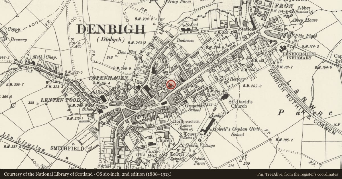 Ordnance Survey six-inch map, 2nd edition (1888–1913) covering the location of Lon Swan Independent Chapel, including associated Hall, forecourt walls & railings, Denbigh, Denbighshire, with a pin at the register's coordinates