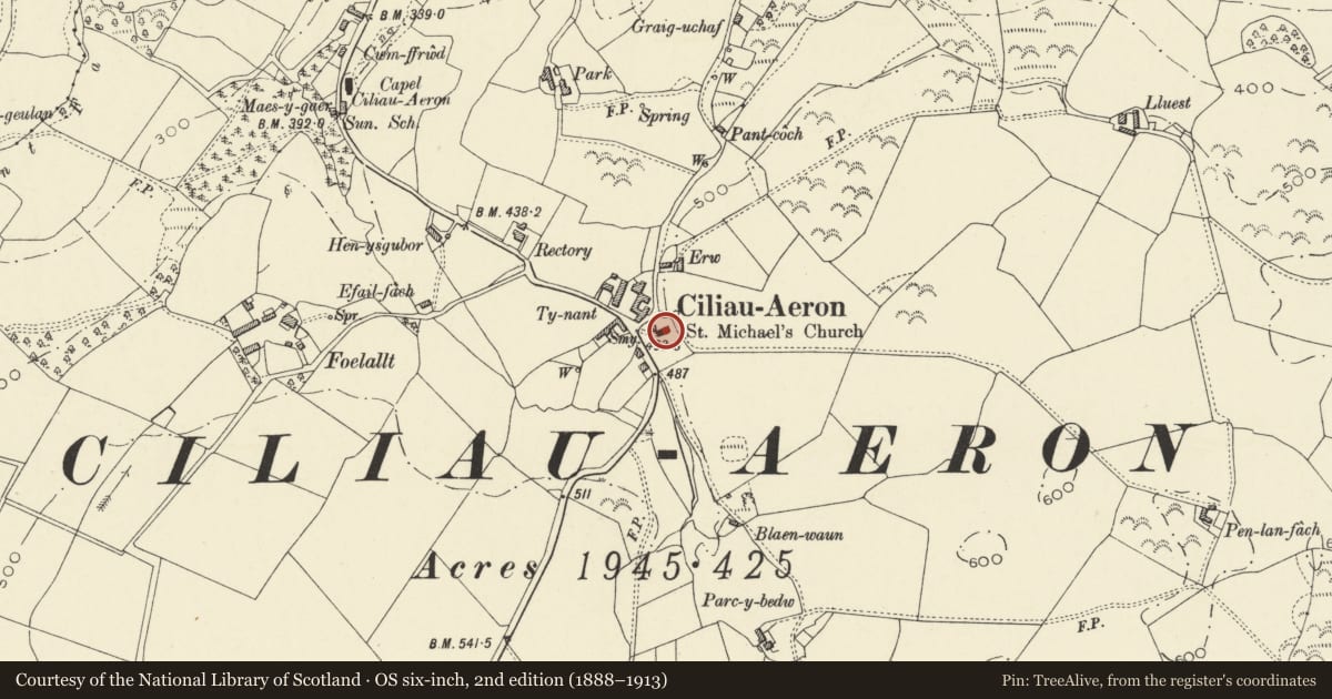 Ordnance Survey six-inch map, 2nd edition (1888–1913) covering the location of Parish Church of St Michael, Ciliau Aeron, Ceredigion, with a pin at the register's coordinates