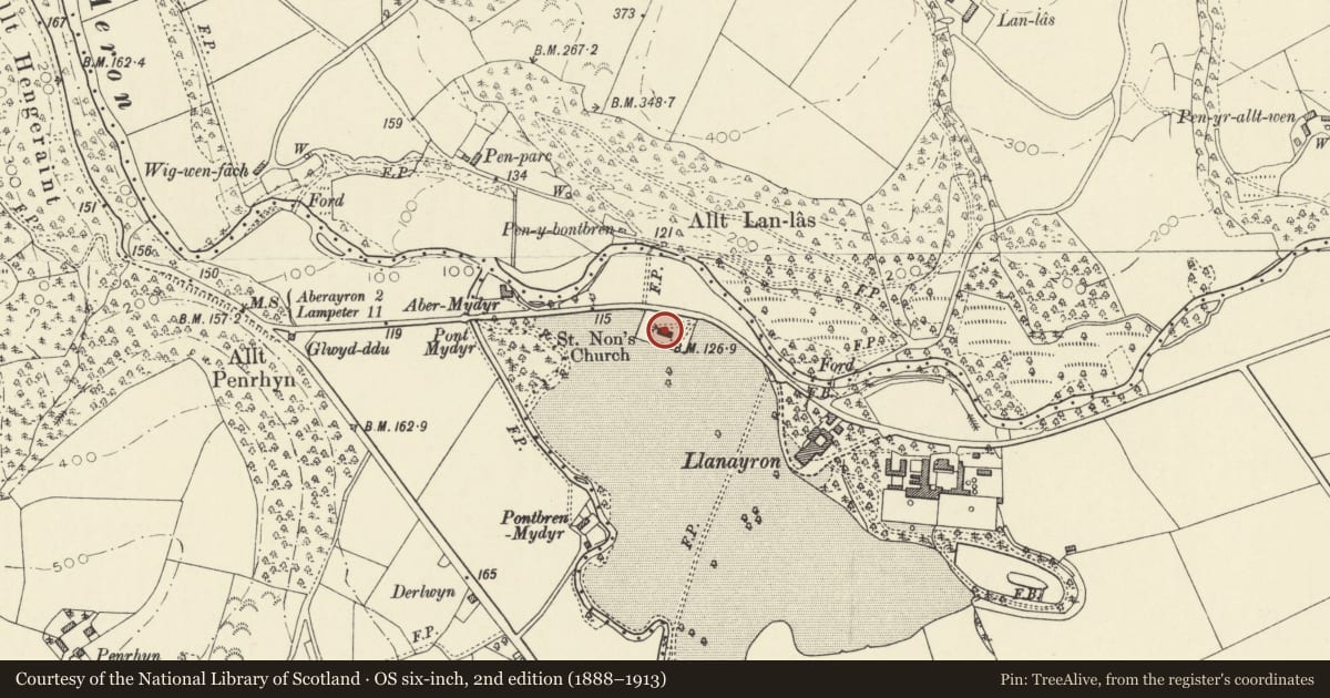 Ordnance Survey six-inch map, 2nd edition (1888–1913) covering the location of St Non's Church ( previously listed as Llanerchaeron Church), Ciliau Aeron, Ceredigion, with a pin at the register's coordinates
