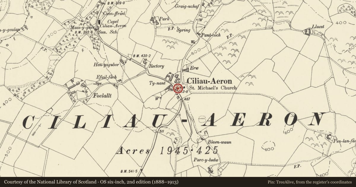 Ordnance Survey six-inch map, 2nd edition (1888–1913) covering the location of Railed Beynon Family Tomb Plus David Davies Tomb in St Michael's Churchyard, Ciliau Aeron, Ceredigion, with a pin at the register's coordinates