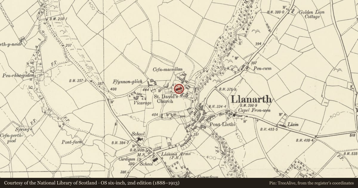 Ordnance Survey six-inch map, 2nd edition (1888–1913) covering the location of Church of Saint David, Llanarth, Ceredigion, with a pin at the register's coordinates