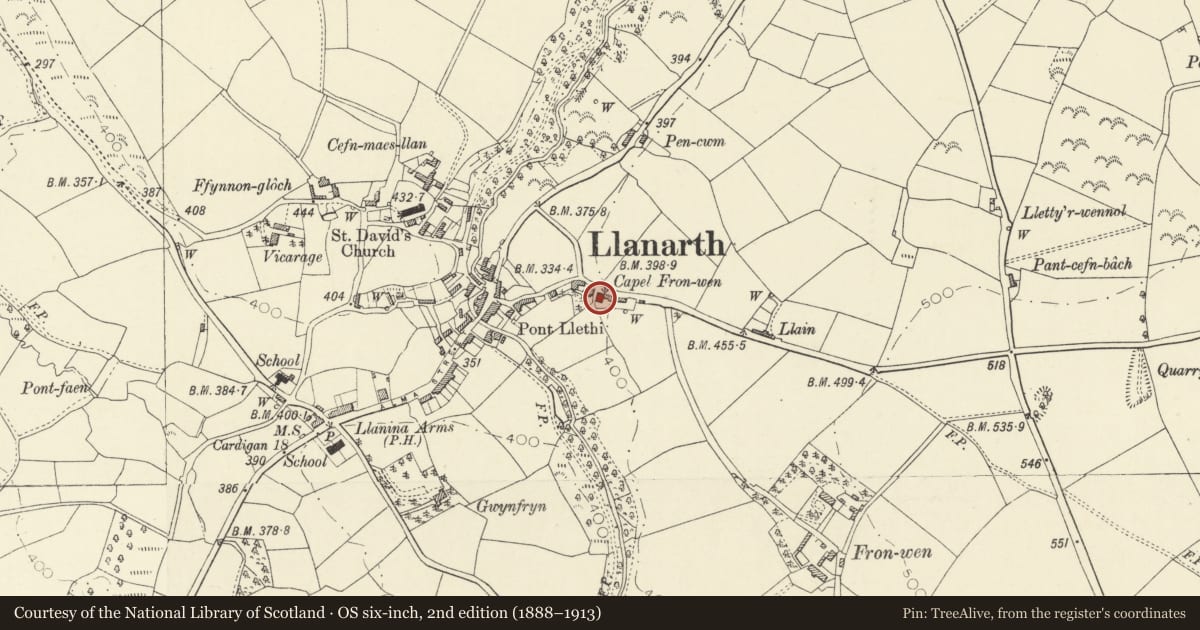 Ordnance Survey six-inch map, 2nd edition (1888–1913) covering the location of Former Capel Fronwen, Llanarth, Ceredigion, with a pin at the register's coordinates