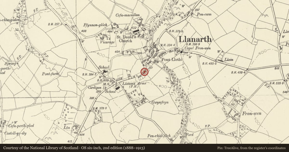 Ordnance Survey six-inch map, 2nd edition (1888–1913) covering the location of Alma, Llanarth, Ceredigion, with a pin at the register's coordinates