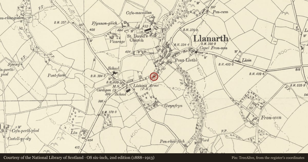 Ordnance Survey six-inch map, 2nd edition (1888–1913) covering the location of Ty'r Alma, Llanarth, Ceredigion, with a pin at the register's coordinates