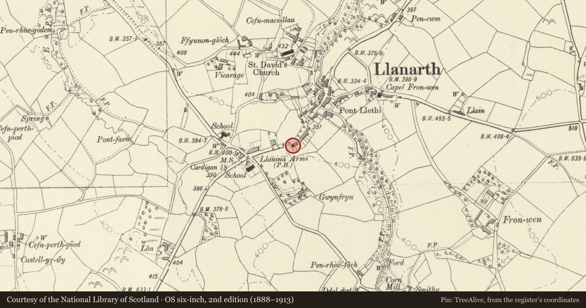 Ordnance Survey six-inch map, 2nd edition (1888–1913) covering the location of Aurora, Llanarth, Ceredigion, with a pin at the register's coordinates