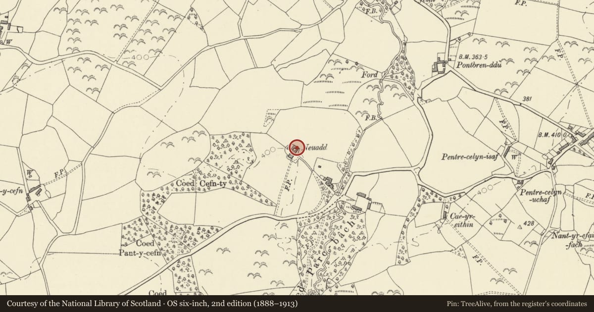 Ordnance Survey six-inch map, 2nd edition (1888–1913) covering the location of Outbuildings to NE of Neuadd, Llanarth, Ceredigion, with a pin at the register's coordinates