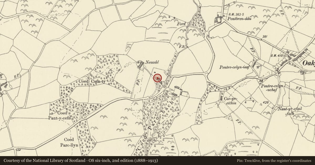 Ordnance Survey six-inch map, 2nd edition (1888–1913) covering the location of The Coach-house, Llanarth, Ceredigion, with a pin at the register's coordinates