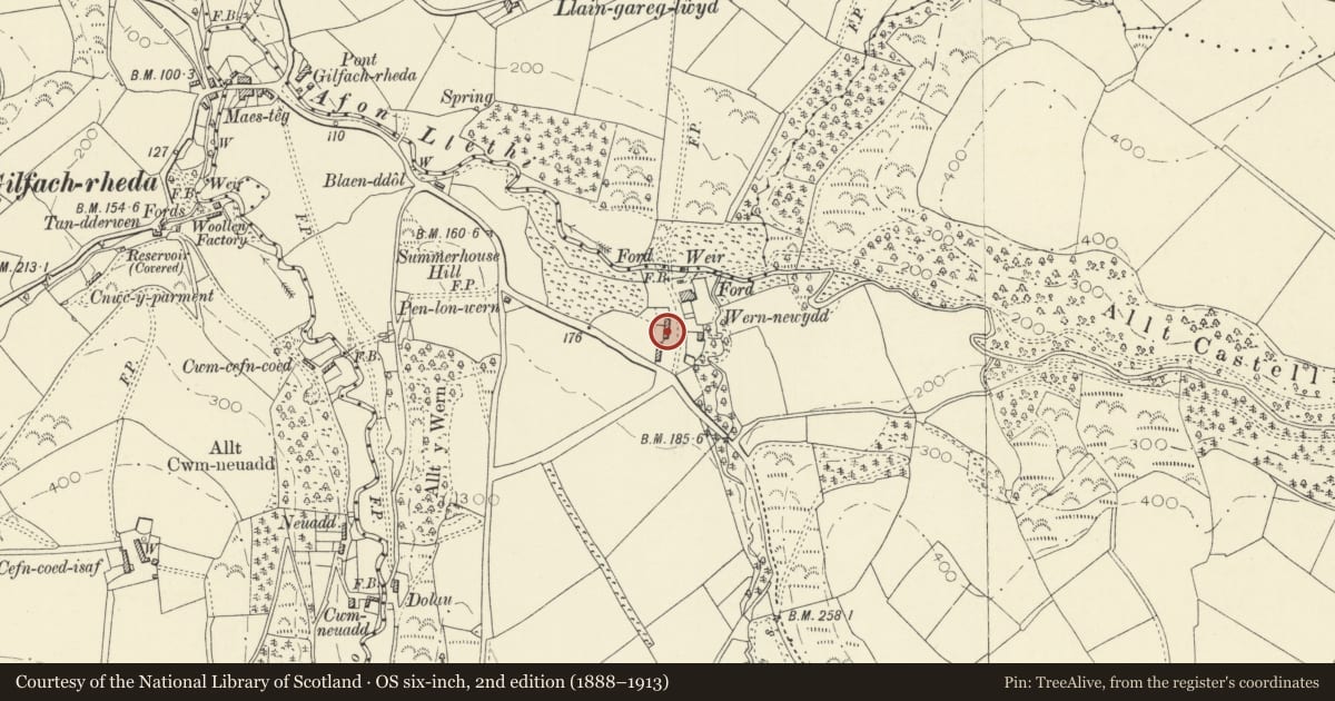 Ordnance Survey six-inch map, 2nd edition (1888–1913) covering the location of Lofted Cart-house and Stable at Plas y Wern, Llanarth, Ceredigion, with a pin at the register's coordinates