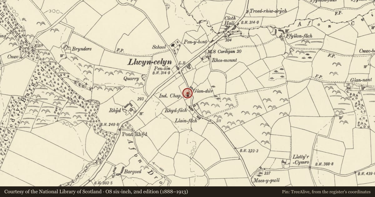 Ordnance Survey six-inch map, 2nd edition (1888–1913) covering the location of Llwyncelyn Independent Chapel, Henfynyw, Ceredigion, with a pin at the register's coordinates