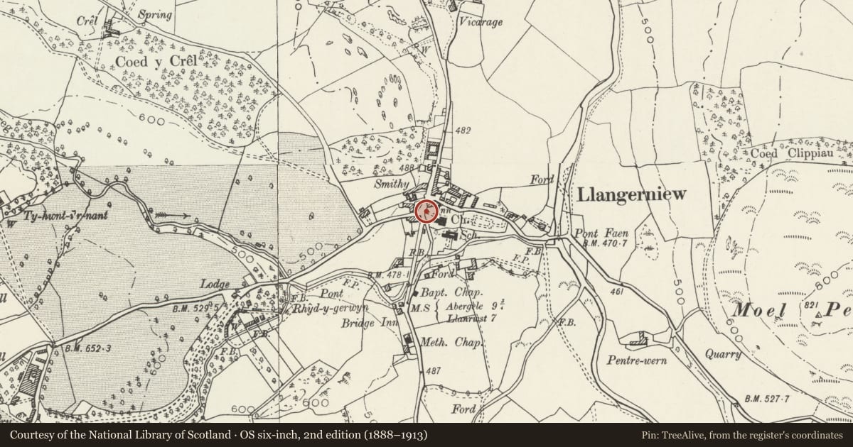 Ordnance Survey six-inch map, 2nd edition (1888–1913) covering the location of Lychgate to Church of St Digain, Llangernyw, Conwy, with a pin at the register's coordinates