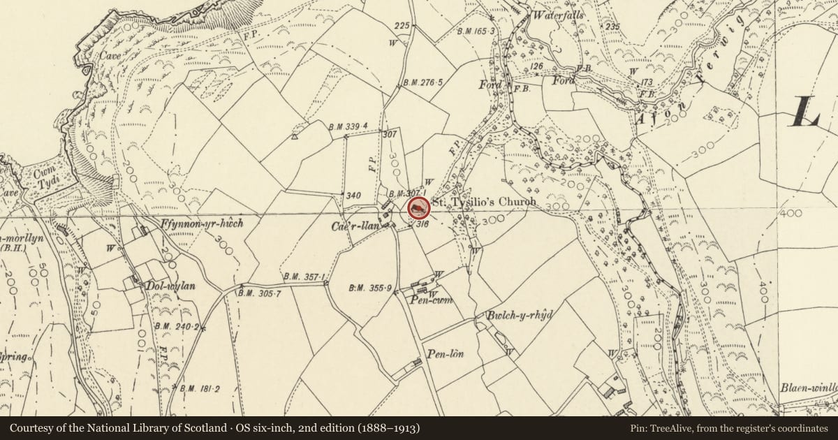 Ordnance Survey six-inch map, 2nd edition (1888–1913) covering the location of Church of St. Tysilio, Llandysiliogogo, Ceredigion, with a pin at the register's coordinates
