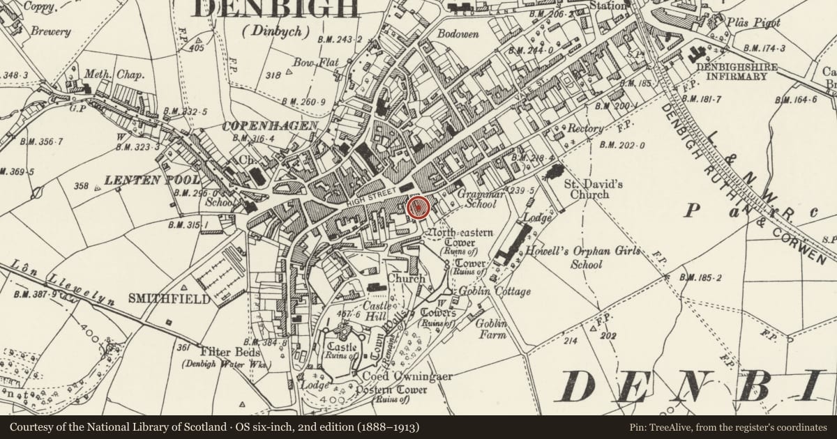 Ordnance Survey six-inch map, 2nd edition (1888–1913) covering the location of Bull Hotel, Denbigh, Denbighshire, with a pin at the register's coordinates