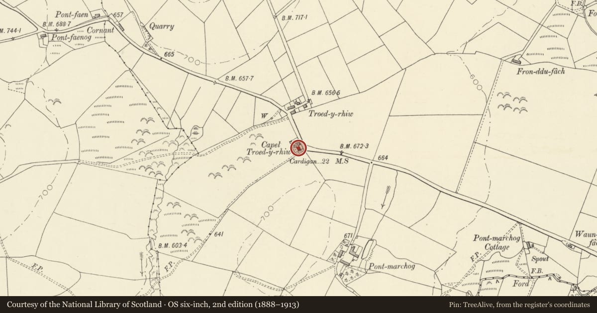 Ordnance Survey six-inch map, 2nd edition (1888–1913) covering the location of Capel Troedyrhiw (Independent), Llanfihangel Ystrad, Ceredigion, with a pin at the register's coordinates