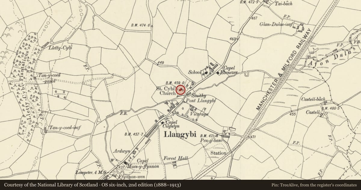 Ordnance Survey six-inch map, 2nd edition (1888–1913) covering the location of Church of St Cybi, Llangybi, Ceredigion, with a pin at the register's coordinates