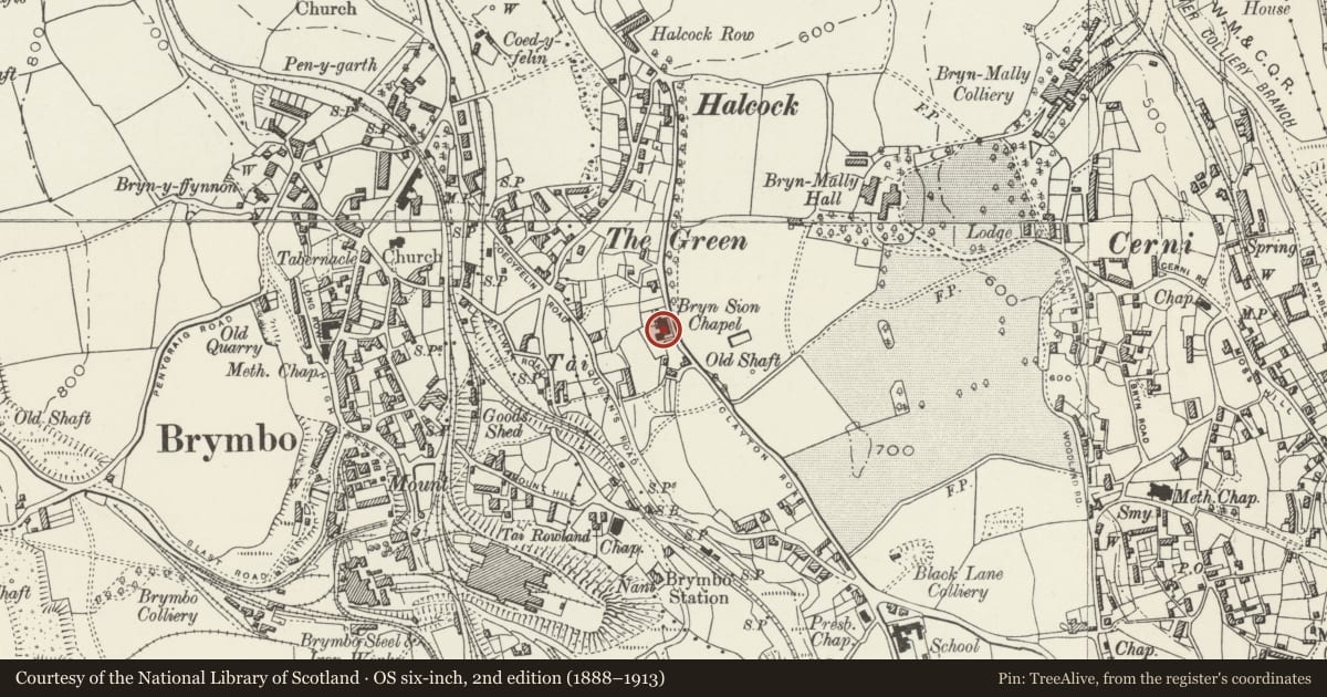 Ordnance Survey six-inch map, 2nd edition (1888–1913) covering the location of Bryn Seion Chapel, Broughton, Wrexham, with a pin at the register's coordinates