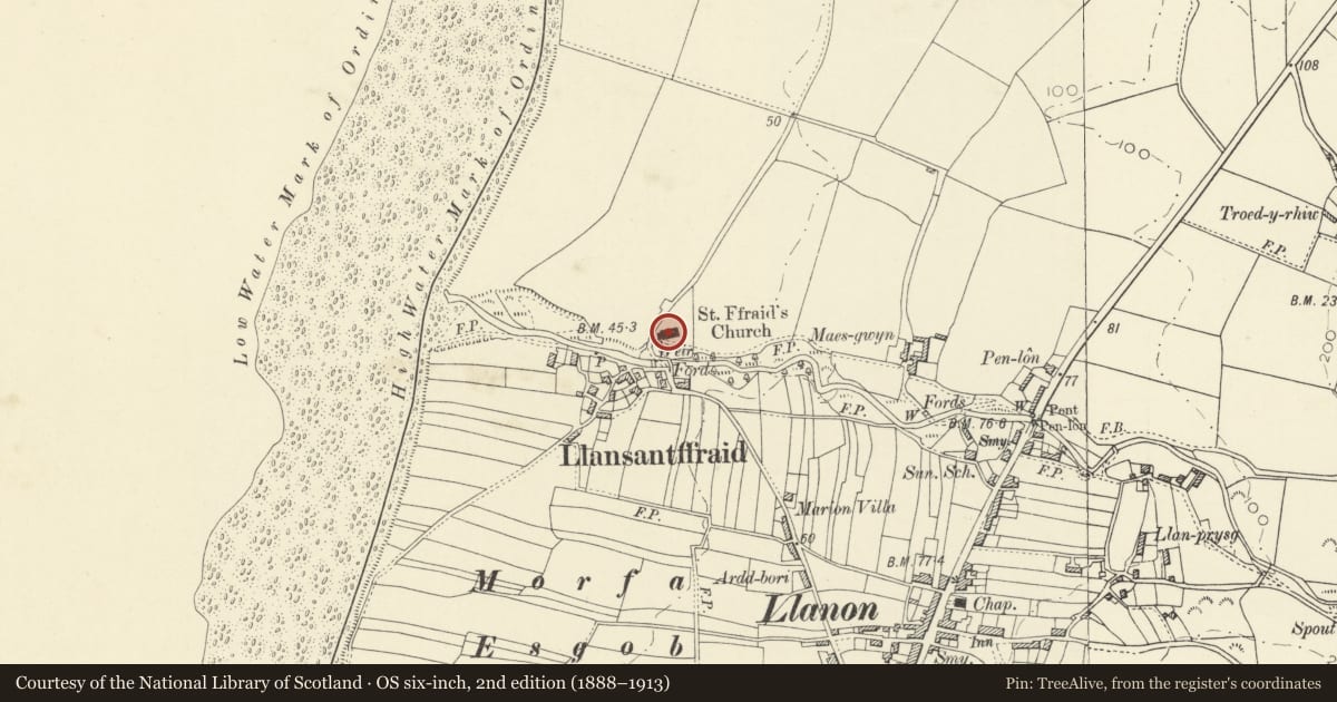 Ordnance Survey six-inch map, 2nd edition (1888–1913) covering the location of Church of St. Ffraed, Llansantffraed, Ceredigion, with a pin at the register's coordinates