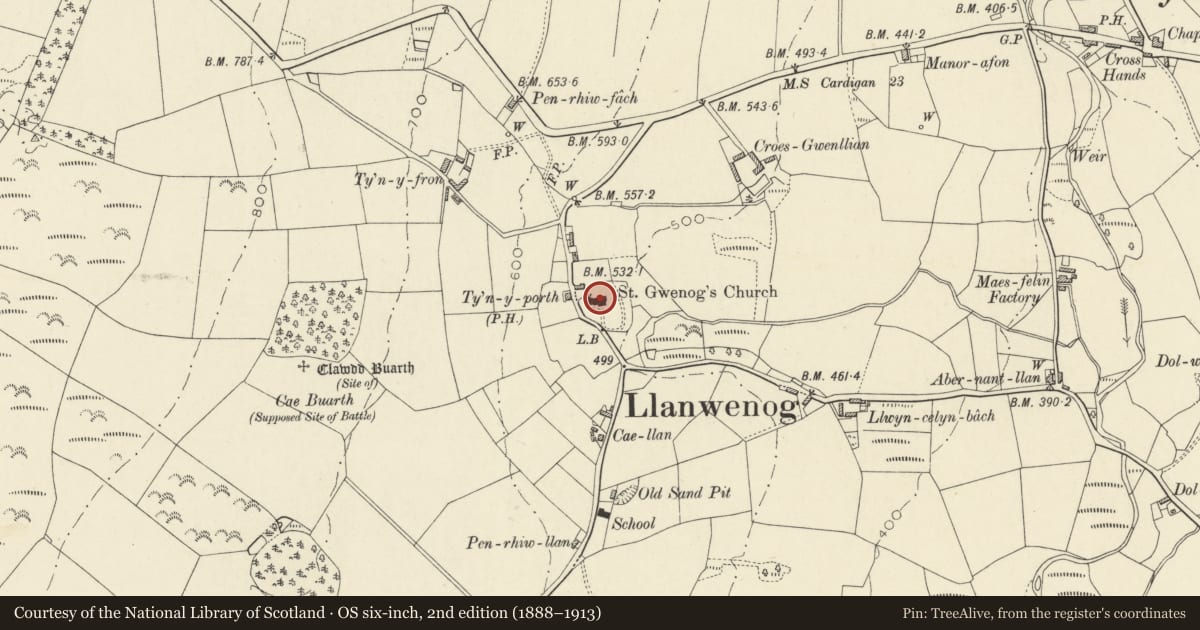 Ordnance Survey six-inch map, 2nd edition (1888–1913) covering the location of St Gwenog Church, Llanwenog, Ceredigion, with a pin at the register's coordinates