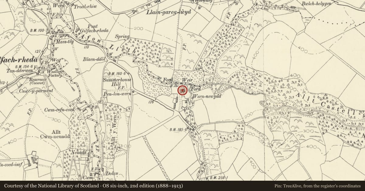 Ordnance Survey six-inch map, 2nd edition (1888–1913) covering the location of Plas y Wern, Llanarth, Ceredigion, with a pin at the register's coordinates