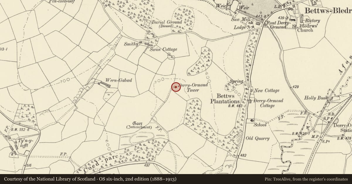 Ordnance Survey six-inch map, 2nd edition (1888–1913) covering the location of Derry Ormond Tower, Llangybi, Ceredigion, with a pin at the register's coordinates