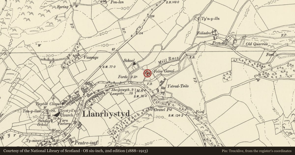 Ordnance Survey six-inch map, 2nd edition (1888–1913) covering the location of Felin Ganol, Llanrhystyd, Ceredigion, with a pin at the register's coordinates