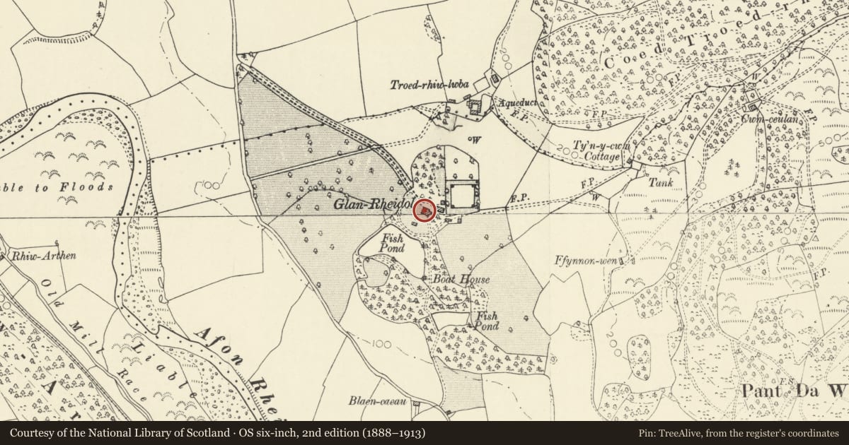 Ordnance Survey six-inch map, 2nd edition (1888–1913) covering the location of Glan Rheidol, Melindwr, Ceredigion, with a pin at the register's coordinates