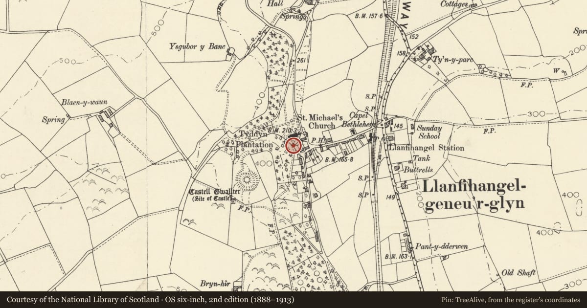 Ordnance Survey six-inch map, 2nd edition (1888–1913) covering the location of Lychgate at Church of Saint Michael, Geneu'r Glyn, Ceredigion, with a pin at the register's coordinates