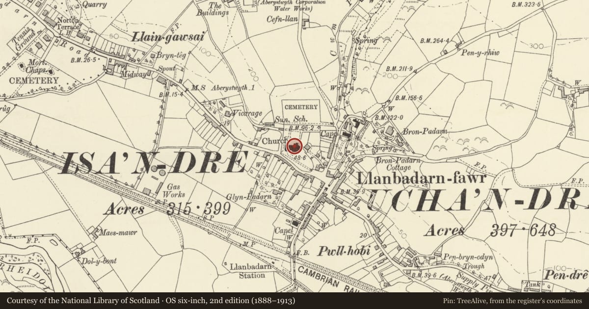 Ordnance Survey six-inch map, 2nd edition (1888–1913) covering the location of Church of St Padarn, Llanbadarn Fawr, Ceredigion, with a pin at the register's coordinates