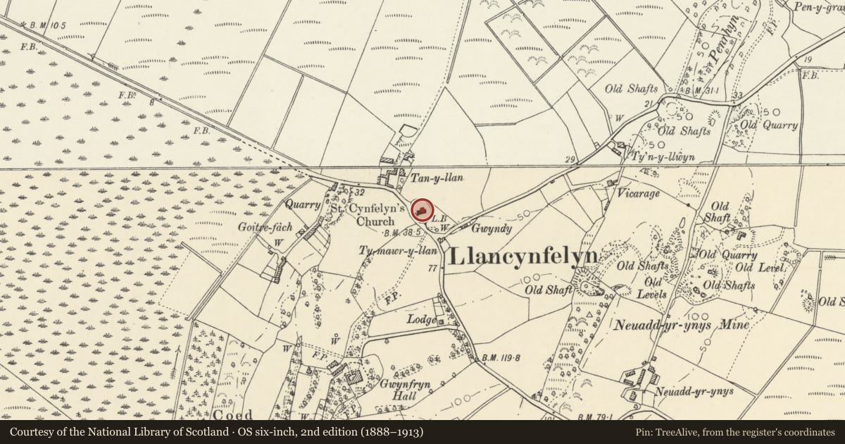 Ordnance Survey six-inch map, 2nd edition (1888–1913) covering the location of Church of St. Cynfelyn, Llangynfelyn, Ceredigion, with a pin at the register's coordinates