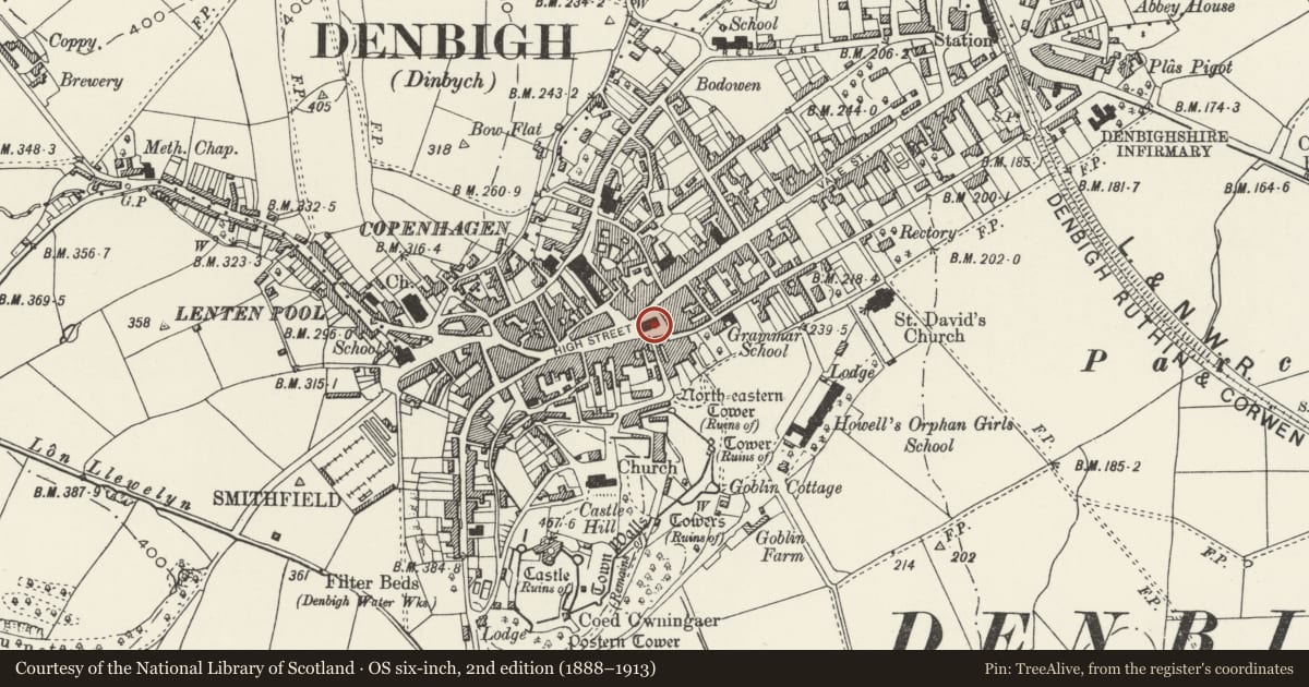 Ordnance Survey six-inch map, 2nd edition (1888–1913) covering the location of The County Hall, Denbigh, Denbighshire, with a pin at the register's coordinates