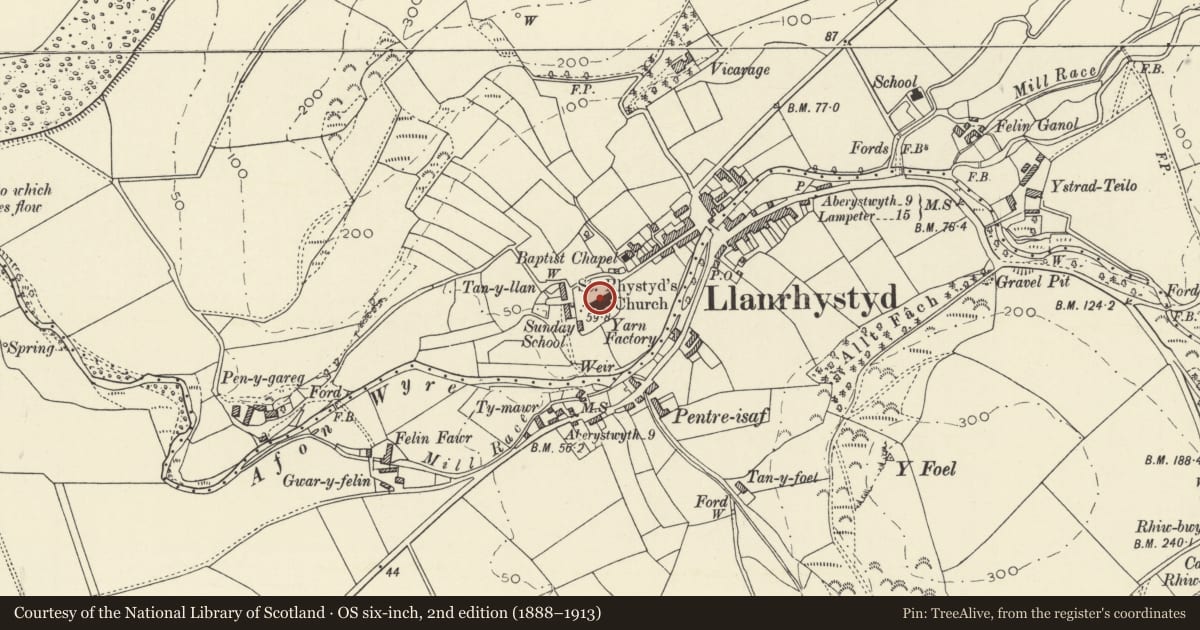 Ordnance Survey six-inch map, 2nd edition (1888–1913) covering the location of Church of St Rhystyd, Llanrhystyd, Ceredigion, with a pin at the register's coordinates