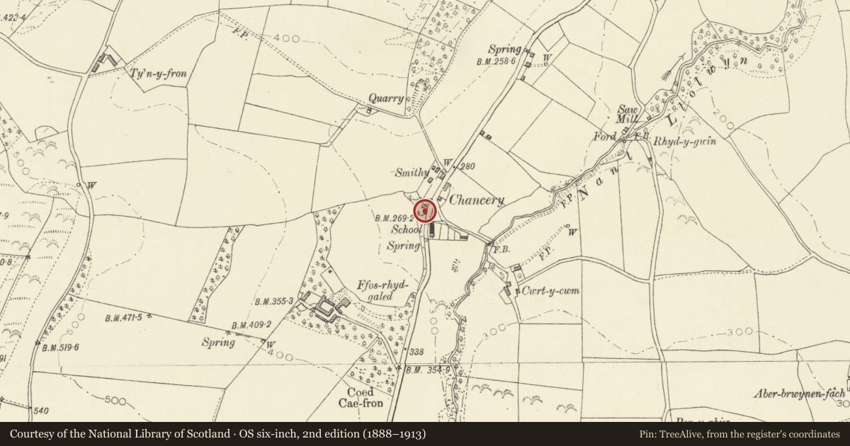 Ordnance Survey six-inch map, 2nd edition (1888–1913) covering the location of Glenview, Llanfarian, Ceredigion, with a pin at the register's coordinates