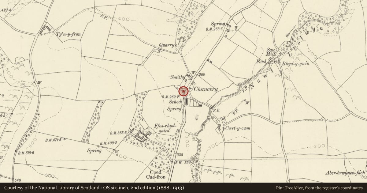 Ordnance Survey six-inch map, 2nd edition (1888–1913) covering the location of Landwr, Llanfarian, Ceredigion, with a pin at the register's coordinates