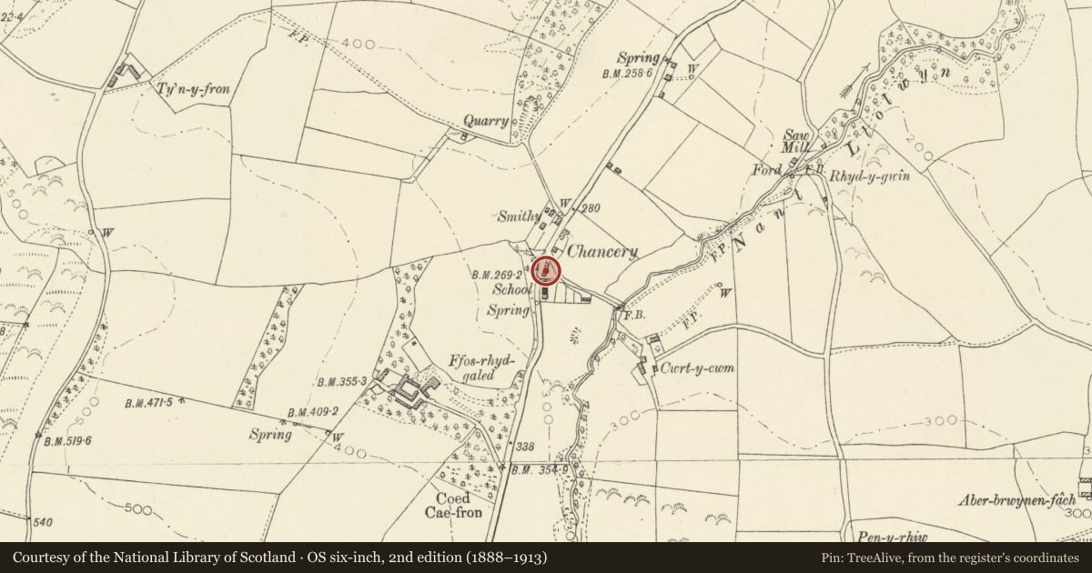 Ordnance Survey six-inch map, 2nd edition (1888–1913) covering the location of Ty Gwyn, Llanfarian, Ceredigion, with a pin at the register's coordinates