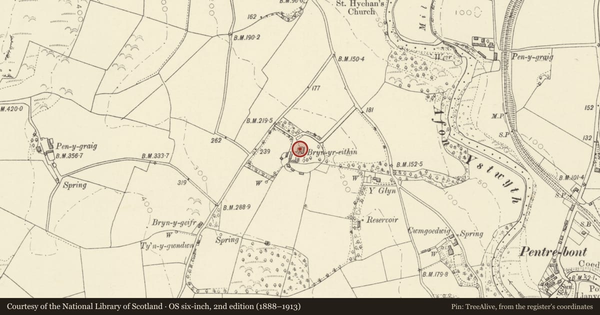 Ordnance Survey six-inch map, 2nd edition (1888–1913) covering the location of Bryneithyn Hall, Llanfarian, Ceredigion, with a pin at the register's coordinates