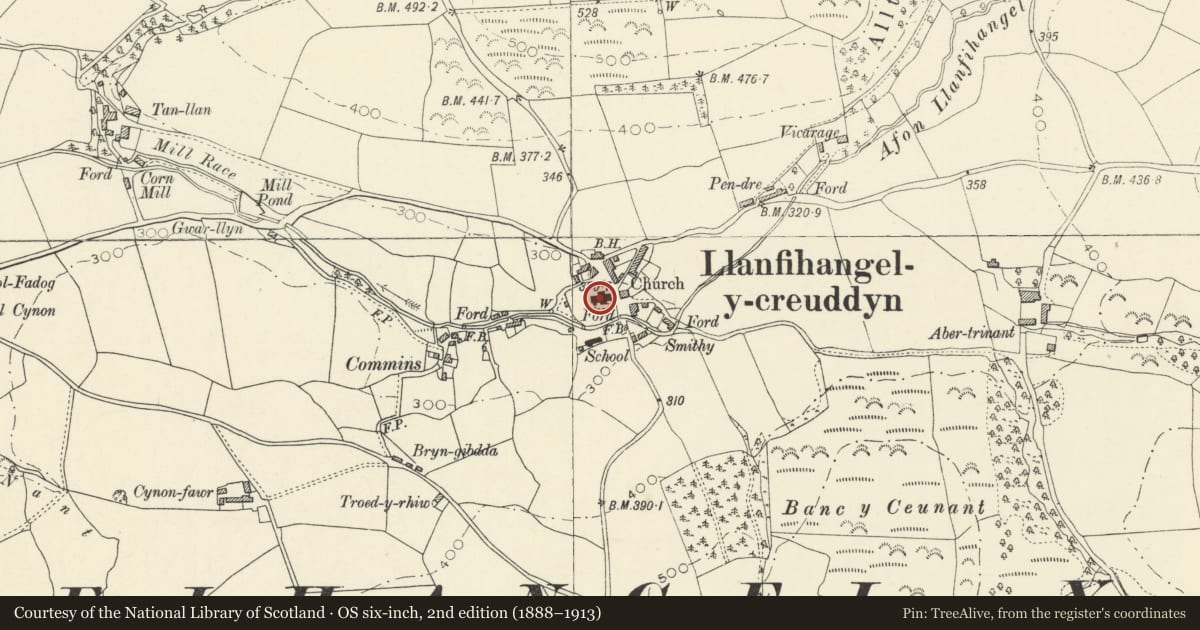 Ordnance Survey six-inch map, 2nd edition (1888–1913) covering the location of Church of Saint Michael, Trawsgoed, Ceredigion, with a pin at the register's coordinates