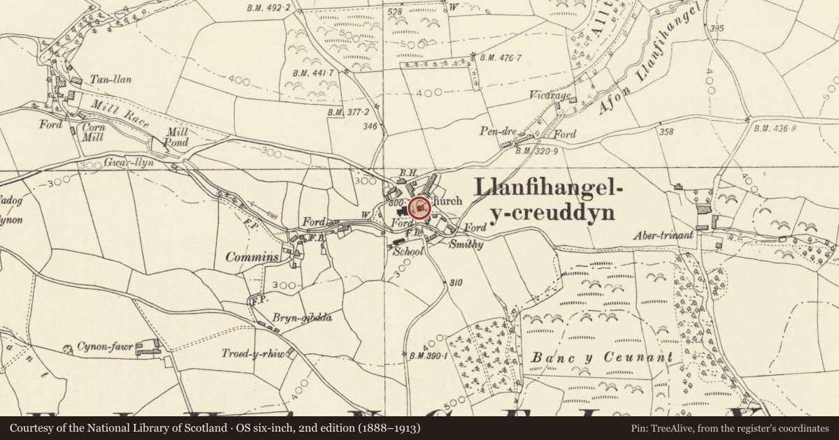 Ordnance Survey six-inch map, 2nd edition (1888–1913) covering the location of Lisburne House, Trawsgoed, Ceredigion, with a pin at the register's coordinates
