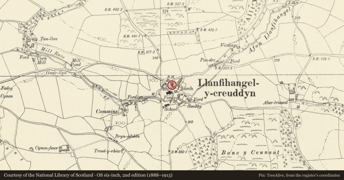 Ordnance Survey six-inch map, 2nd edition (1888–1913) covering the location of Cartref, Trawsgoed, Ceredigion, with a pin at the register's coordinates