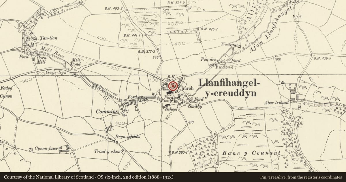 Ordnance Survey six-inch map, 2nd edition (1888–1913) covering the location of Ceunant House, Trawsgoed, Ceredigion, with a pin at the register's coordinates