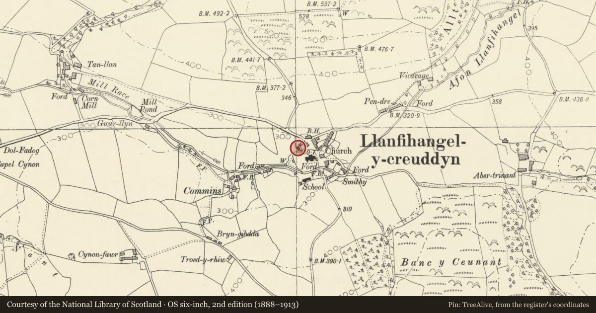 Ordnance Survey six-inch map, 2nd edition (1888–1913) covering the location of Llwynfynwent, Trawsgoed, Ceredigion, with a pin at the register's coordinates
