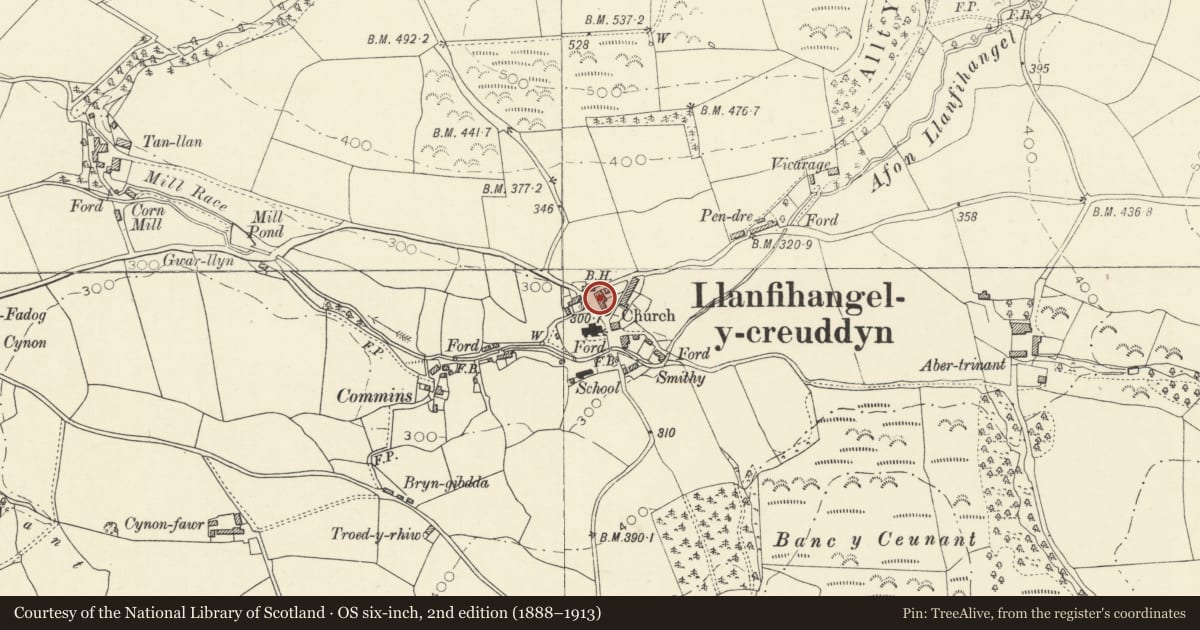 Ordnance Survey six-inch map, 2nd edition (1888–1913) covering the location of Creuddyn Villa, Trawsgoed, Ceredigion, with a pin at the register's coordinates