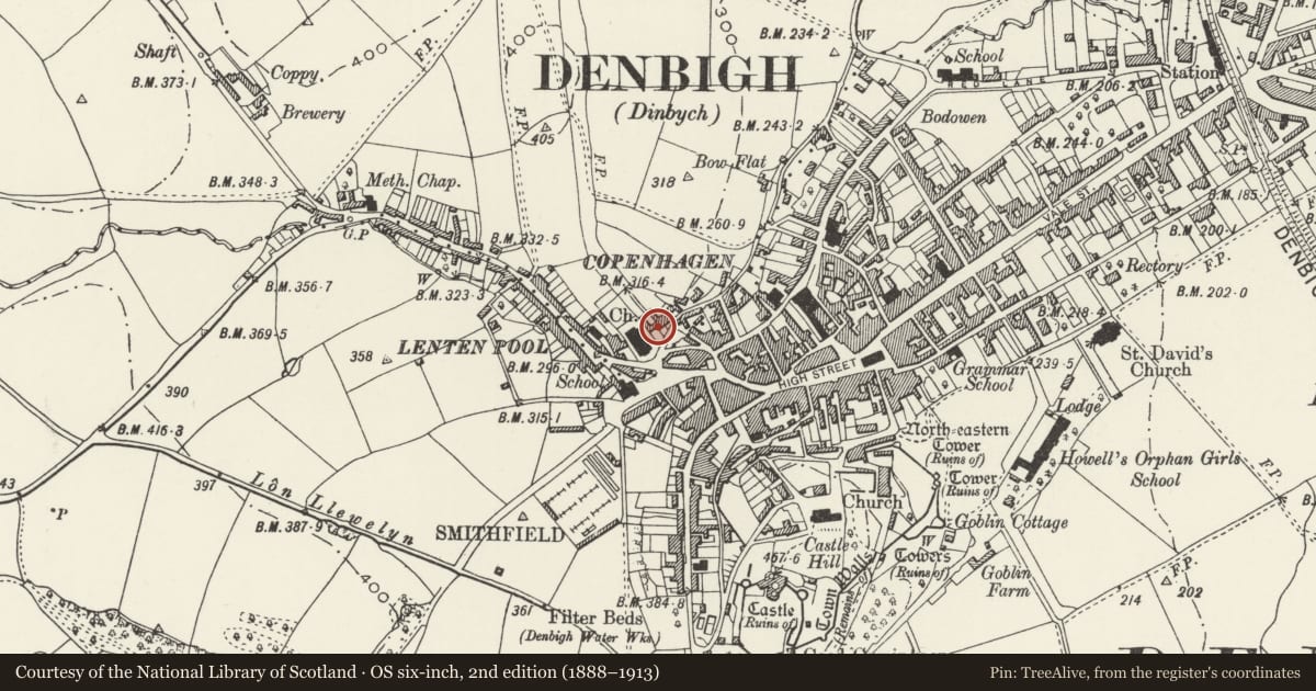 Ordnance Survey six-inch map, 2nd edition (1888–1913) covering the location of Bron Haul, Denbigh, Denbighshire, with a pin at the register's coordinates