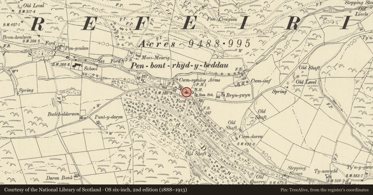 Ordnance Survey six-inch map, 2nd edition (1888–1913) covering the location of Penybont House, Trefeurig, Ceredigion, with a pin at the register's coordinates