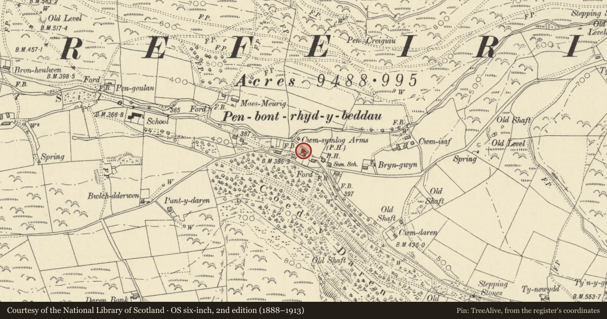 Ordnance Survey six-inch map, 2nd edition (1888–1913) covering the location of Darren Villa, Trefeurig, Ceredigion, with a pin at the register's coordinates