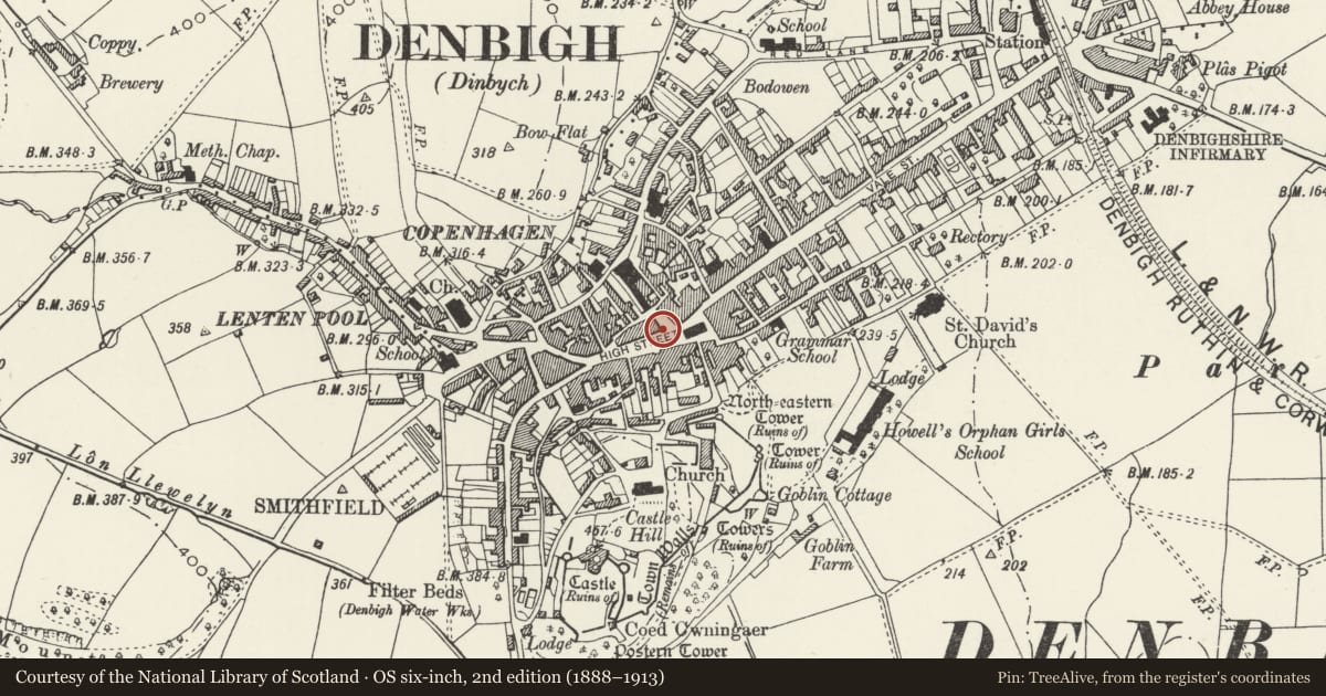 Ordnance Survey six-inch map, 2nd edition (1888–1913) covering the location of Shoe 'B' Doo Shoe Shop, Denbigh, Denbighshire, with a pin at the register's coordinates