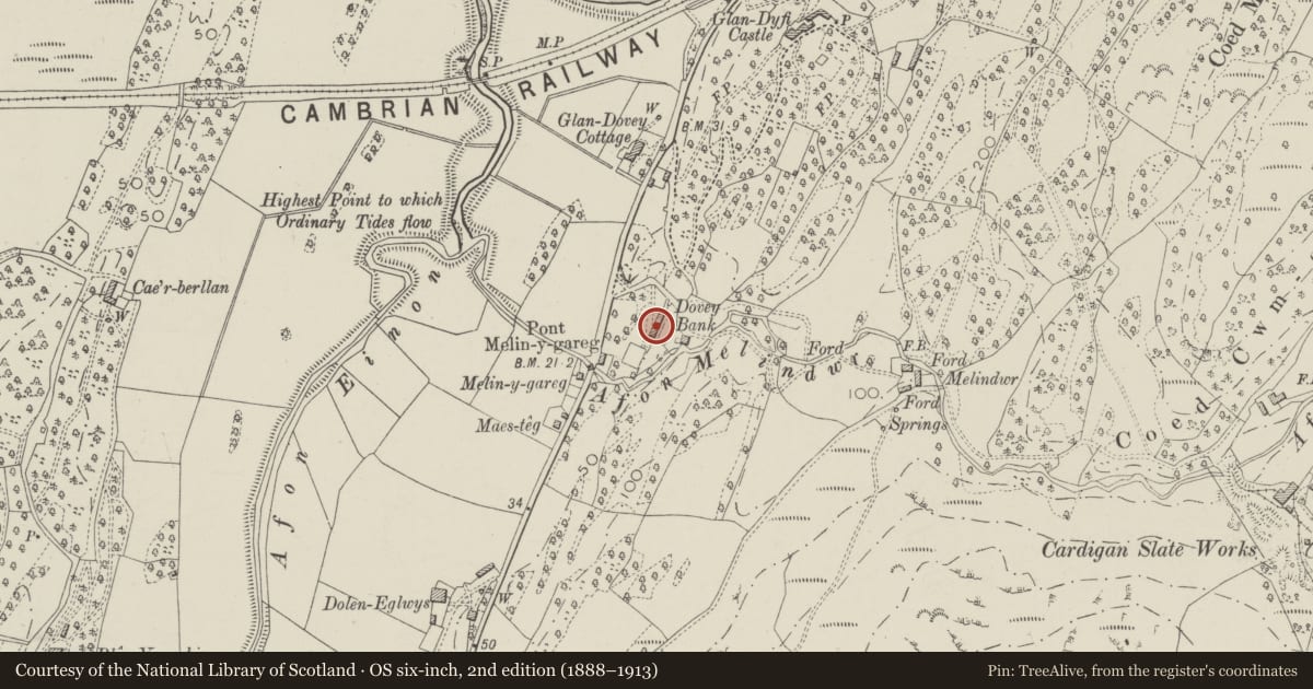 Ordnance Survey six-inch map, 2nd edition (1888–1913) covering the location of Voelas, Ysgubor-y-Coed, Ceredigion, with a pin at the register's coordinates