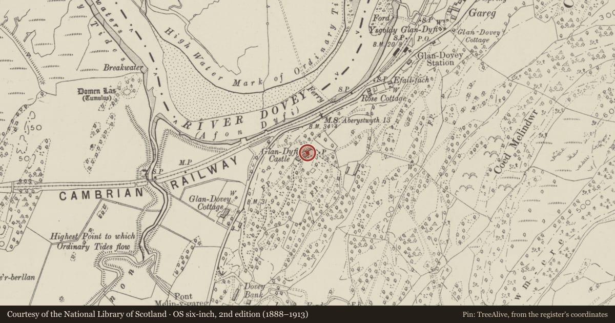 Ordnance Survey six-inch map, 2nd edition (1888–1913) covering the location of Glandyfi Castle, Ysgubor-y-Coed, Ceredigion, with a pin at the register's coordinates