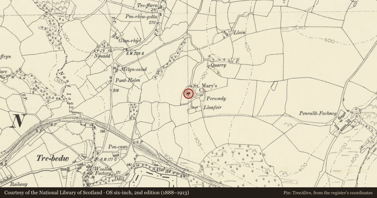 Ordnance Survey six-inch map, 2nd edition (1888–1913) covering the location of Church of St Mary, Llandyfriog, Ceredigion, with a pin at the register's coordinates