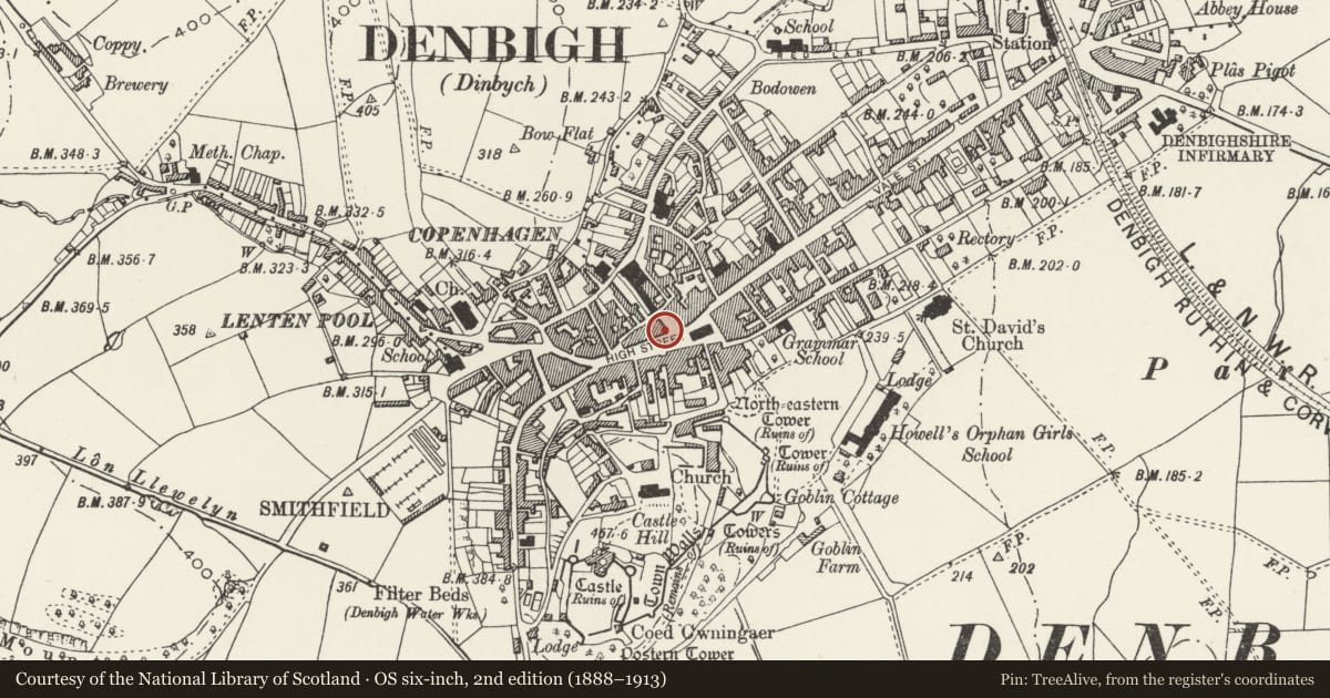 Ordnance Survey six-inch map, 2nd edition (1888–1913) covering the location of Part of Shoe `B' Doo Shoe shop, Denbigh, Denbighshire, with a pin at the register's coordinates